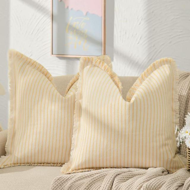 ZWJD Throw Pillow Covers 18x18 Set of 2 Striped Pillow Covers with Fringe Chic Cotton Decorative Pillows Square Cushion Covers for Sofa Couch Bed Living Room Farmhouse Decor