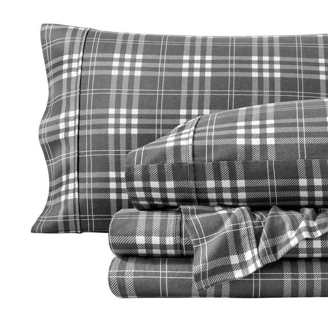 Stirling Plaid - Grey/White Cotton Flannel Queen Sheet Set by Bare Home