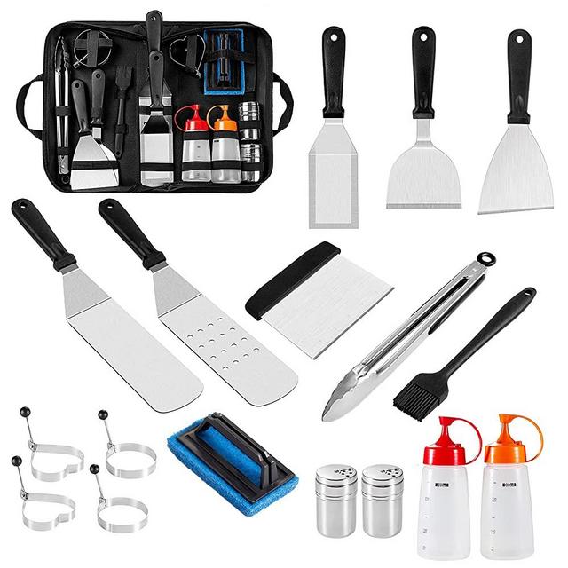 OneLeaf Griddle Accessories Kit for Blackstone and Camp Chef, 18Pcs Flat Top Grill Accessories Set with Griddle Cleaning Kit & Carry Bag, Griddle Tools with Spatula/Scraper/Egg Ring for BBQ, Camping