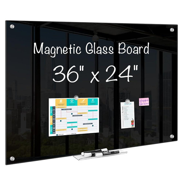 maxtek Magnetic Glass Dry Erase White Board, 36" x 24" Black Glass Board for Wall Mounted, Includes 6 Magnets with Marker Tray, 3 Markers and 1 Eraser for Classroom Home, Office Supplies
