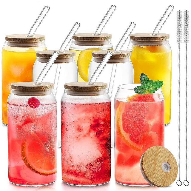 HOMBERKING Glass Cups with Bamboo Lids and Straws 8pcs Set, 20oz Can Shaped Glass Cups, Beer Glasses, Iced Coffee Cups, Cute Tumbler Cup with 2 Cleaning Brushes, Ideal for Cocktail, Whiskey, Tea, Gift
