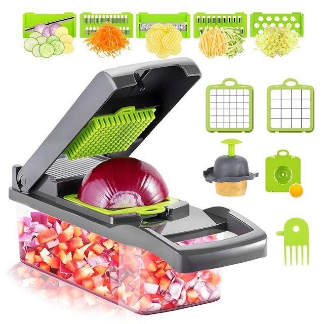 Vegetable Chopper Slicer, Multifunctional 14-in-1 Food Veggie Salad Onion Chopper Cutter Dicer with Container, Hand Protector, for Potato Strips, Onion Cubers, Carrot Sticks, Essential Kitchen Gadgets