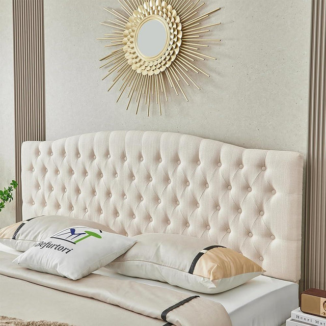 Befurtori Linen Upholstered King/Cal King Headboard, Tufted Button Headboard for King/Cal King Bed, Neutral Curved Integrated Design with Solid Wood Head Board and Luxury Soft Padded, Ivory