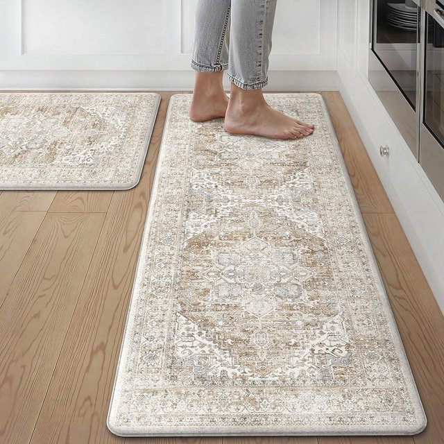 GENIMO Kitchen Mats for Floor, 2PCS Kitchen Rugs Non Slip Washable, Waterproof Anti Fatigue Mat, Comfort Standing Runner Rug for Sink, Office, Laundry, Home, 20"x32"+20"x48", Blue&Brown