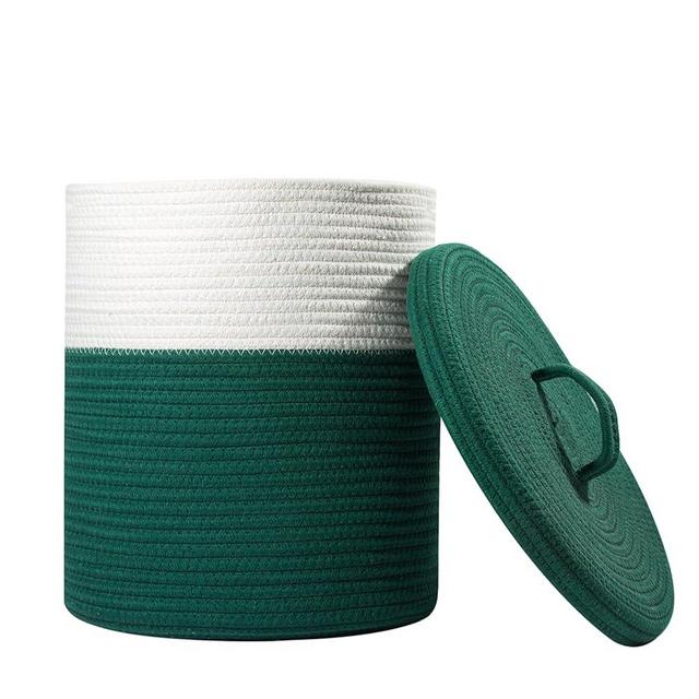 Yimi's Dream Basket with Lid, Medium Woven Baskets for Storage and Organizing, Small Cotton Rope Basket with Handle for Baby Gifts, Laundry, Toy (12''D * 13.5''H, Green & White)