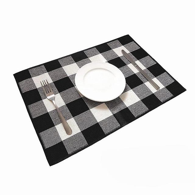 Ukeler Placemats Set of 6 - Buffalo Check Plaid Placemats 100% Cotton Crossweave Plaid Woven Placemats Washable Heat Insulation Kitchen Table Mats, Black and Cream