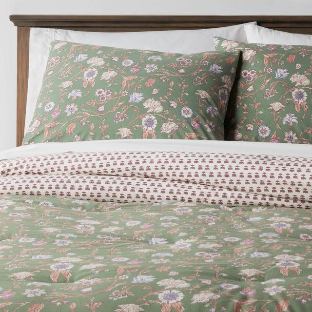 3pc Full/Queen Boho Reversible Printed Comforter & Sham Set Green Floral - Threshold™