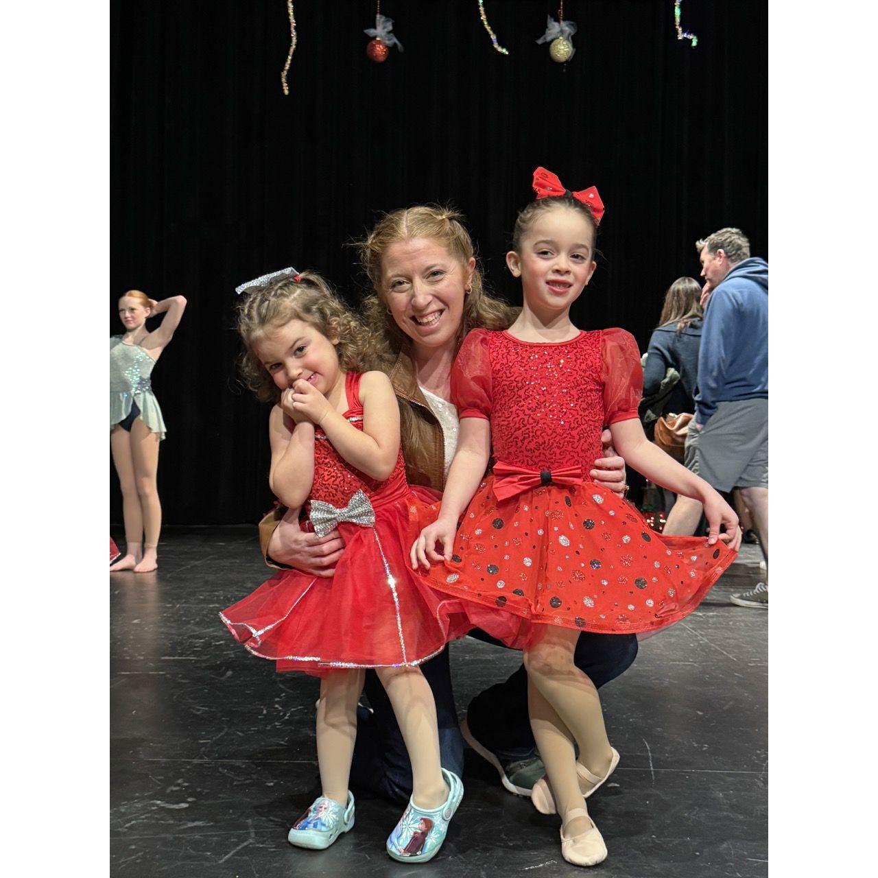 Stacy with Lily and Audrey at their dance recital Dec 2023