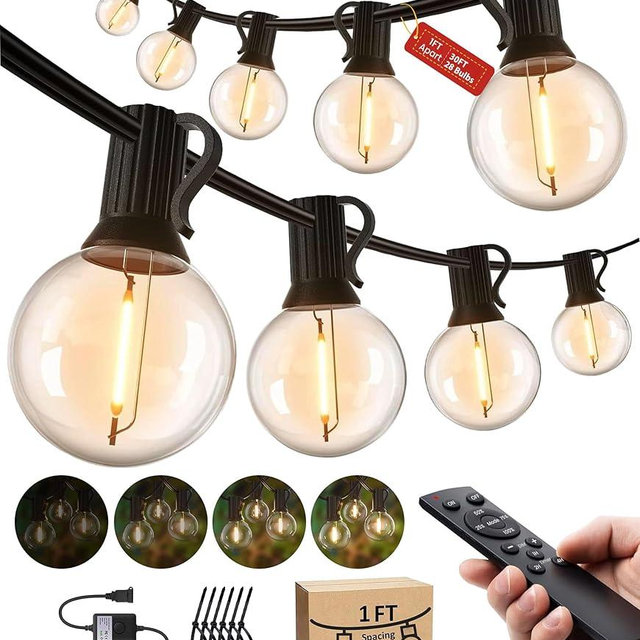 SUFEIMAS Outdoor-String-Lights-Patio-LED-Light-Outside 30FT Waterproof Dimmable Remote Outdoor Lighting Globe Plastic G40 Bulbs Hanging Lights Connectable for Backyard Porch Party 1FT Bulbs Spacing
