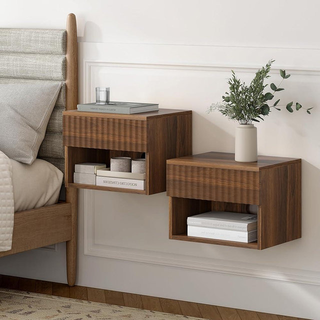 MoomJiee Floating Nightstands Set of 2 with Drawer and Open Shelf, Small Wall Mounted Bedside End Table, Modern Fluted Night Stand for Bedroom, Living Room, Brown