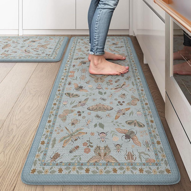 LEEVAN Anti Fatigue Mats for Kitchen Floor Non-Slip, Cushioned Kitchen Mats for Floor 2 Piece, Blue Memory Foam Kitchen Mat Set, Waterproof Ergonomic Standing Mat for Bar, Office,Desk, Laundry