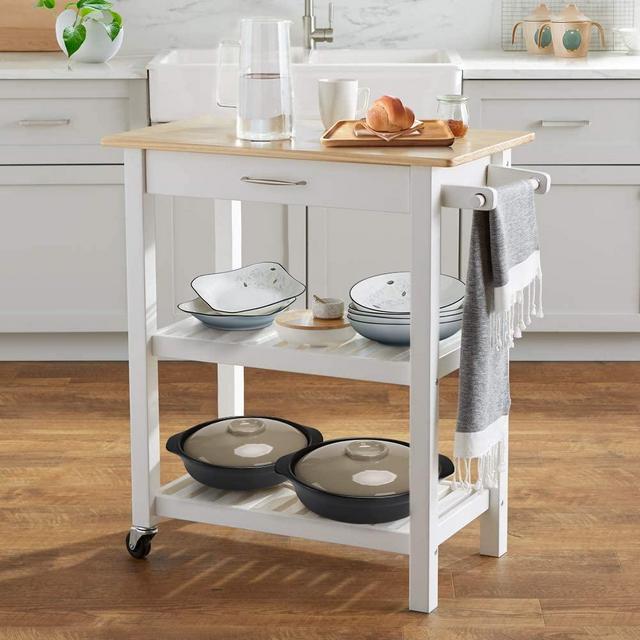 MUSEHOMEINC Kitchen Islands Cart with Storage Drawer, and Shelves, 3-Tier Utility Kitchen Cart with Towel Rack and Smooth Wheels and Solid Wood Top for Dining Room, Kitchen Trolley