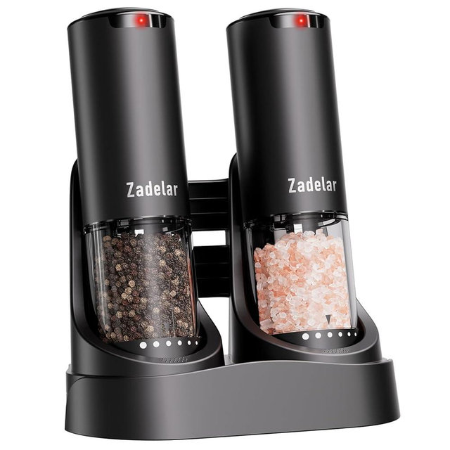 Electric Rechargeable Salt and Pepper Grinder Set,Automatic Pepper Mill Grinder with USB C Charging Dock,Upgraded 95ml Large Capacity,Adjustable Coarseness,LED Light,High-end Black