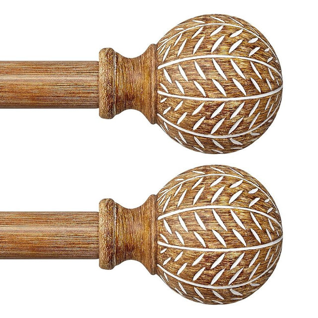 QDWIS 2 Pack Wood Curtain Rods for Windows 72 to 144 Inch,1'' Diameter Drapery Rods with Imitation Wood Grain Leaf Pattern Finials,Boho Adjustable Heavy Duty Curtain Rods Set,36-150'',Natural Wood