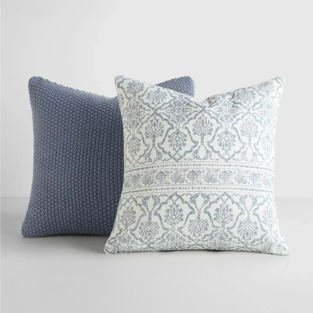 2-Pack Stone Throw Pillows Seed Stitch Knit with Cotton Patterns in Antique Floral - Becky Cameron, Stone, 20 x 20