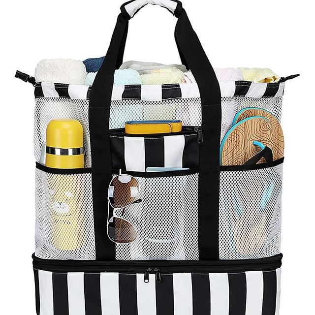 CAMTOP Beach Bag Mesh Beach Tote with Cooler Compartment Oversized Toy Tote Bag with Zipper