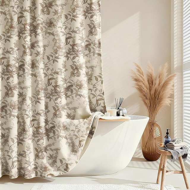 Blgiont Farmhouse Brown Floral Shower Curtain with 12 Clear Rings, Fabric Faux Linen Shower Curtain Set, Vintage Cottagecore Shower Curtain for Bathroom 72" W x 72" L