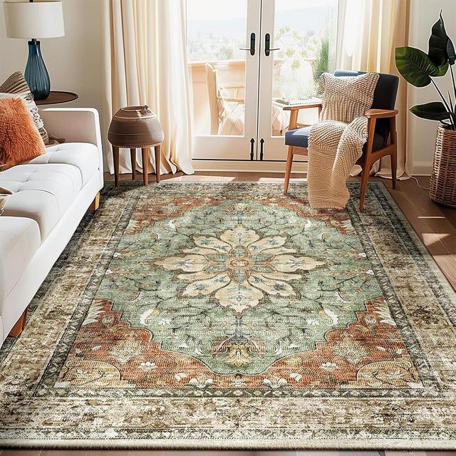 RELEANY Area Rugs 5'x7' Washable Non-Slip, Floral Vintage Distress Print Pattern Medallion Carpet for Living Room Bedroom Dining Room, Brick Red Rust Red Neutral