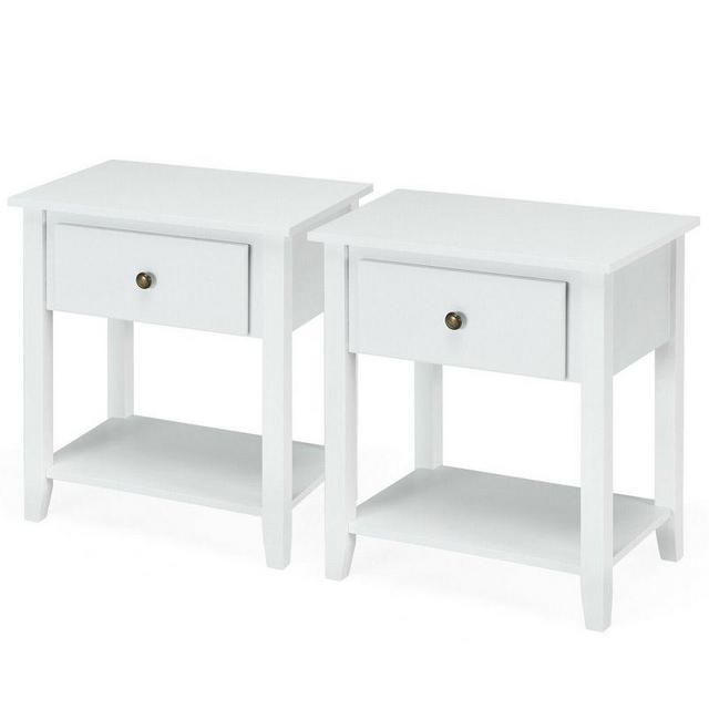 Costway 2PCS Nightstand Sofa End Side Table W/ Storage Drawer Bottom Shelf White