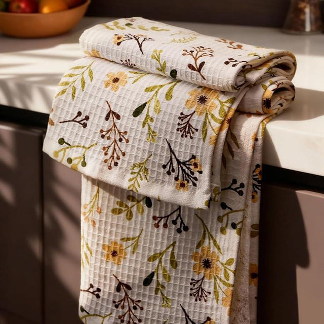 Miss Adola Cotton Waffle Weave Kitchen Towels – Cute 16x25 Inches 2pcs Waffle Decorative Dish Towels for Kitchen with Hanging Loop Absorbent Hand Tea Towel with Flower Design for Housewarming Gifts