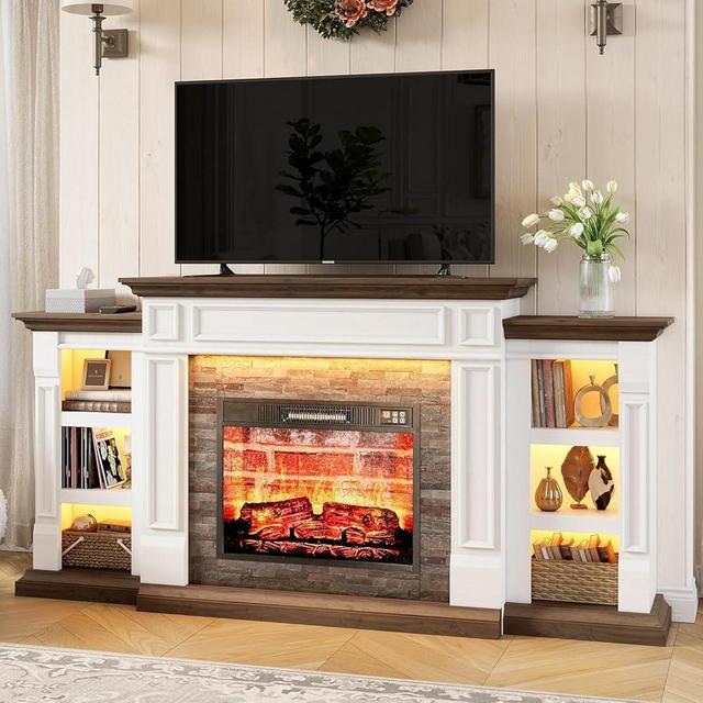 70" Electric Fireplace with Mantel and Cabinets, Fireplace TV Stand for Living Room Bedroom, LED Light, Stacked Stone Surround and Remote Control 3D Realistic Flame