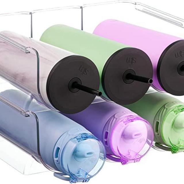 2 Pack Plastic Stackable Water Bottle Holders - Kitchen Pantry Refrigerator Storage Bins - Wine and Water Bottle Organizer Stand for Home Organization and Storage, Countertop Cabinet Organization Rack