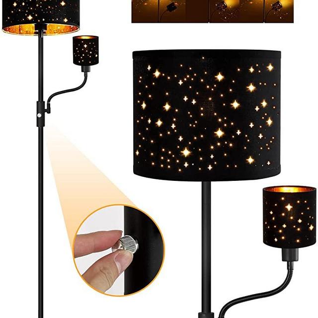 Floor Lamp for Bedroom, LED Floor Lamps with Reading Lamp, 2700K Brightness, 3-Way Switch, LED Bulbs Included, Modern Standing Lamps for Living Room Office Dining Room, Black Cutout Fabric Lampshade