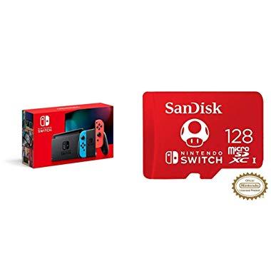 Nintendo Switch with Neon Blue and Neon Red Joy‑Con - HAC-001(-01) + SanDisk 128GB MicroSDXC UHS-I Card