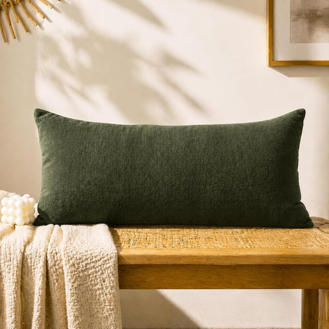 JoraLion Chenille Lumbar Pillow Covers 14x26 inch, Moss Green Spring Decorative Pillow Covers, Farmhouse Solid Dyed Soft Chenille Cushion Case for Couch Sofa Bed Living Room, Pack of 1(Cover ONLY)