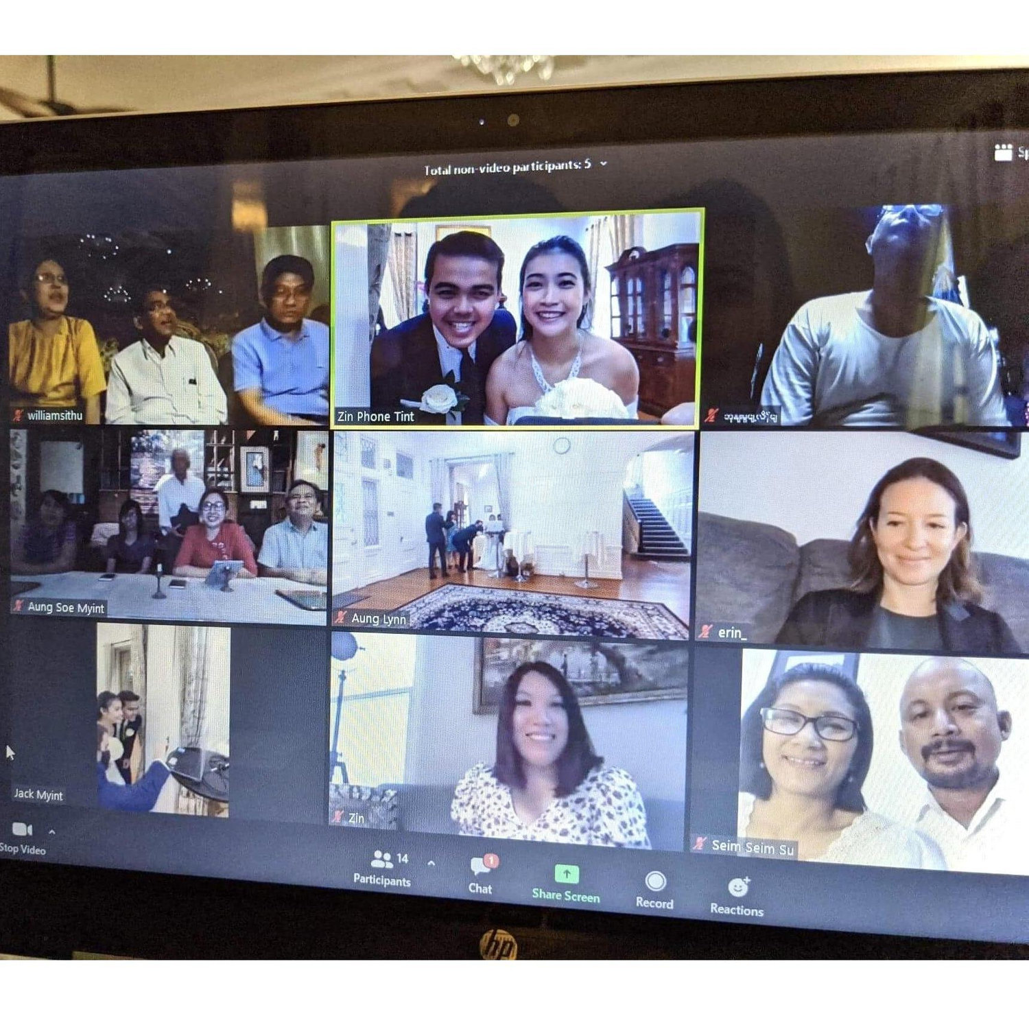 Parents and in-laws in Myanmar, and friends from around the world attending the wedding via Zoom Video Conferencing.