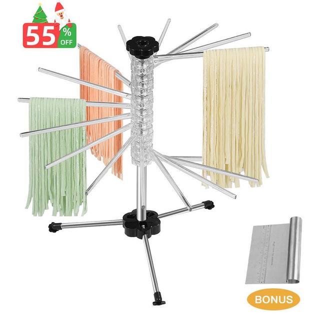 Pasta Drying Rack,Collapsible with Scraper,16 Rods anti slip Pasta Dry Rack-Holding Up to 4.5 Pounds for Noodles and Pastas