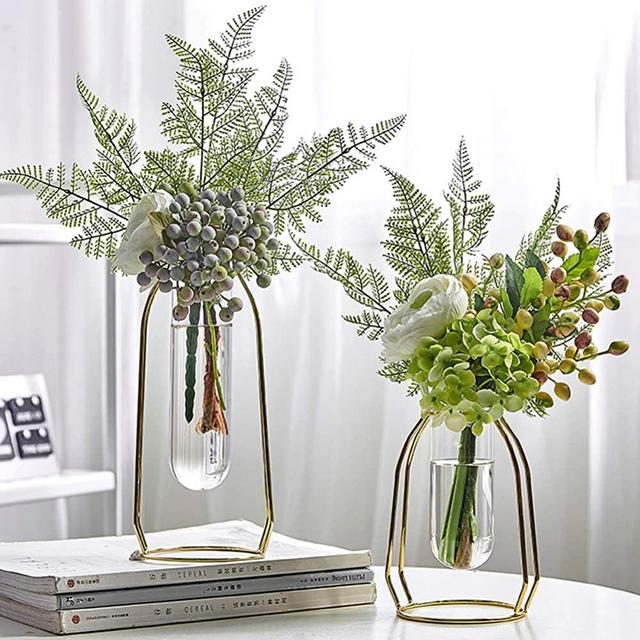 MARATTI 2 Pcs(S+L) Flower Vases with Iron Art Frame, Metal Geometric Flower Vase, Clear Vase Decorative for Home Office Wedding Holiday Party Celebrate (Gold/Rose Gold) (Gold)