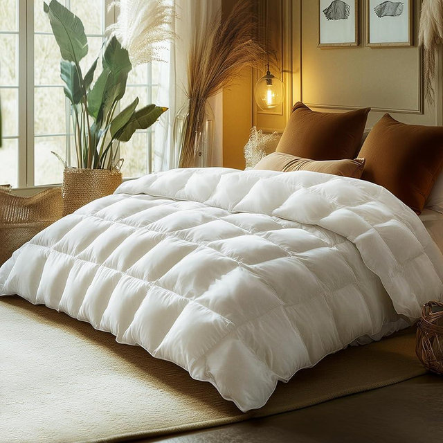 SANSWAN Luxury Goose Down Comforter Queen Size, All Season Fluffy Duvet Insert, 750 Fill Power, Soft Cotton Fabric, 48oz Medium Weight, Hotel Bedding Comforter with Corner Tabs, 90 x 90 Inch