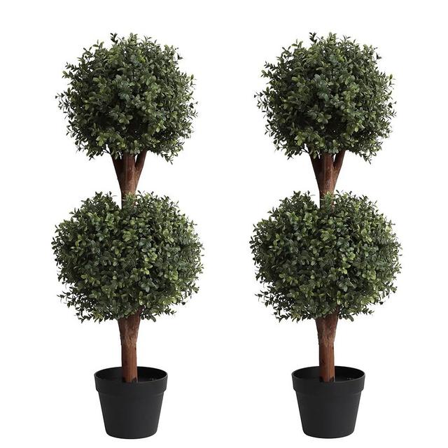（Set of 2） Lifelike 3Ft arfiticial Double Ball Topiary Trees Outdoor Faux Topiary Tree for Out Door Porch Decor