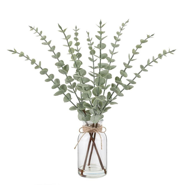 Bessol Artificial Eucalyptus Stems in Glass Vase with Faux Water，15.75" Fake Plants for Home Decor, Coffee Table Centerpieces, Office, Bathroom & Farmhouse Weddings - Faux Greenery Plants Decorations