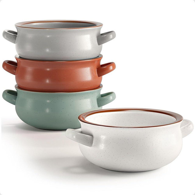Ceramic Soup Bowls With Handles Set of 4-20 oz French Onion Soup Bowls Oven Safe - Dishwasher, Microwave & Oven Safe Bowl Set for Chili, Gumbo, Chowder - Soup Bowl With Handle - French Onion Crock
