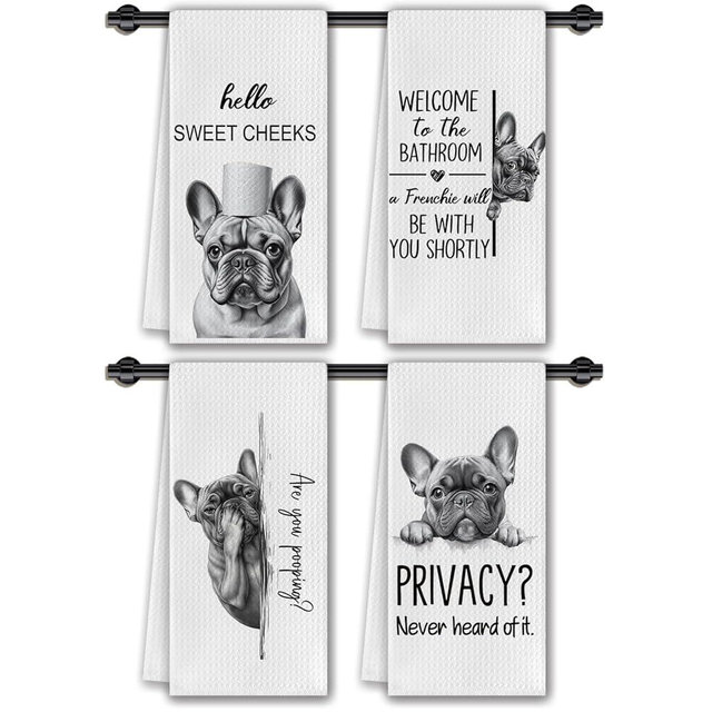 CosxHabitat French Bulldog Bathroom Hand Towels, Hello Sweet Cheeks Bathroom Decor, Gifts for French Bulldog Lovers Decorative Hand Towels for Bath Room Washroom Restroom, 16x24 Inches Set of 4