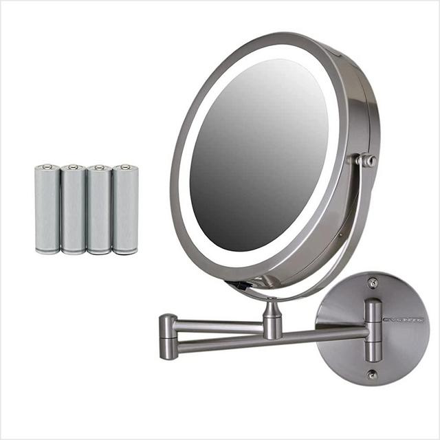 Ovente Lighted Wall Mount Makeup Mirror 8.5 Inch 1X 10X 360 Degree Double Sided, Round LED Magnifier, Extending & Retractable Arm, Compact & Cordless, Battery Powered, Nickel Brushed MFW85BR1X10X