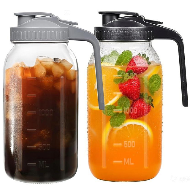 64oz Airtight Glass Pitcher with Lid,2 Quart Wide Mouth Mason Jar Pitchers for Fridge,Leak-proof Iced Tea Dispenser,Large Container for Sun Tea,Juice,Cold Brew Coffee, Storage and Drinks (Black+Gray)