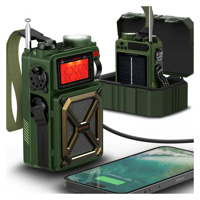 FosPower Solar Hand Crank Radio w/ LCD Display, AM/FM/WB Flashlight Weather Emergency Crank Radio & 4,000mAh Power Bank – Dark Green IPX3