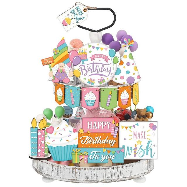 14 Pieces Birthday Tiered Tray Decor Farmhouse Happy Birthday Party Decorations Wooden Wishes Cupcake Decor Table Sign for Party Supplies