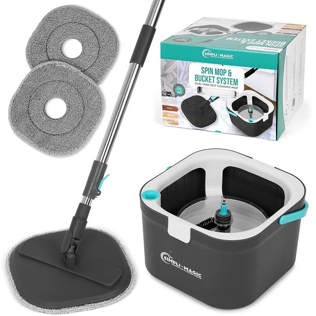 Simpli-Magic Spin Mop and Bucket System, Includes Square Spin, Dual Compartment Mop Bucket and 3 Thick Machine Washable Pads