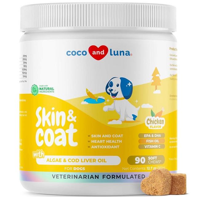 Omega 3 Fish Oil for Dogs - Skin & Coat Supplement with Cod Liver Oil, Algae, EPA & DHA Fatty Acids for Dog Shedding, Itch Relief, Hot Spots, Skin Allergy, Joint & Heart Support - 90 Soft Chews