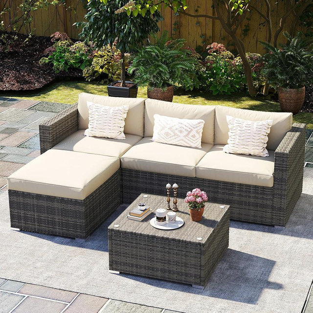Wisteria Lane 5 Piece Outdoor Patio Furniture Set, All Weather Wicker Rattan Sectional Sofa Conversation Set with Cushions & Glass Coffee Table, Ideal for Backyard Porch Garden Balcony, Beige