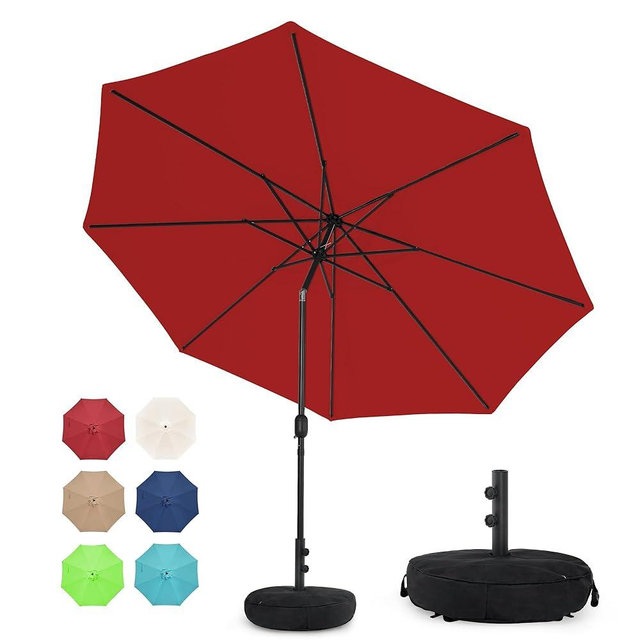 Sundale Outdoor 10 ft Patio Umbrella with Sand Bag Umbrella Base Included, Outdoor Umbrella with Tilt and Crank, Red