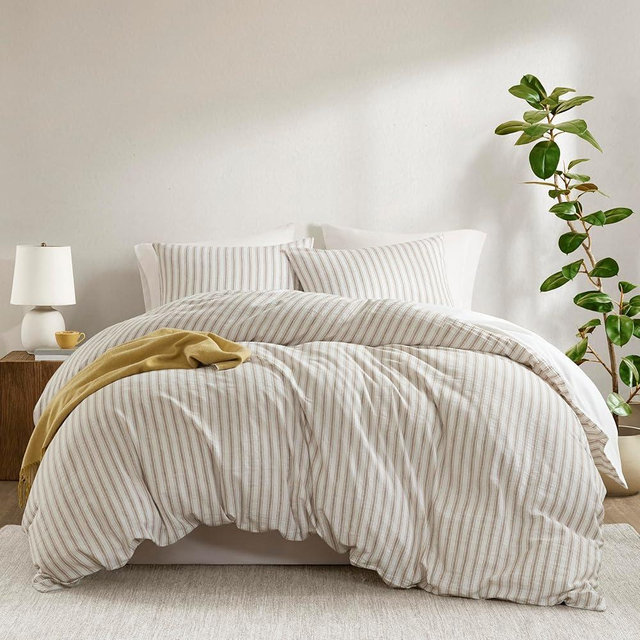 Madison Park Cooling Duvet Cover Set for Hot Sleepers - Linen Cotton Rayon Blend, Queen Size 3 Piece Set with Shams - Lightweight & Breathable Bedding, Tan Striped Design