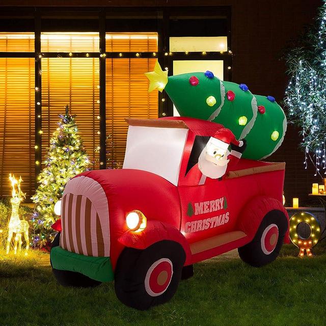 Christmas Inflatable Decoration 7 Feet Santa on Red Truck Built-in Lights Outdoor & Indoor Holiday Yard Decor Blow Up Festival Decor