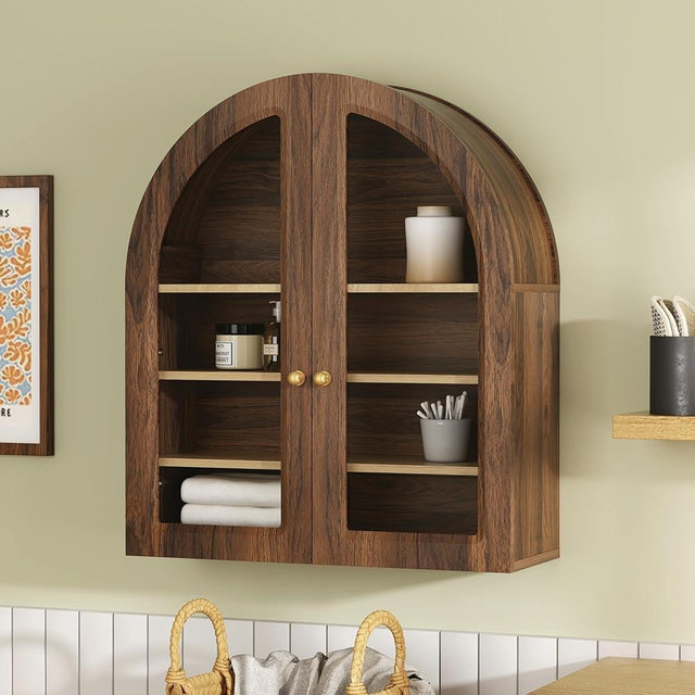 MoomJiee Large Arched Bathroom Wall Cabinet Wooden Medicine Cabinet with Acrylic Doors Farmhouse Wall Mounted Cupboard Display Storage Organizer for Laundry Room, Dining Room, Brown