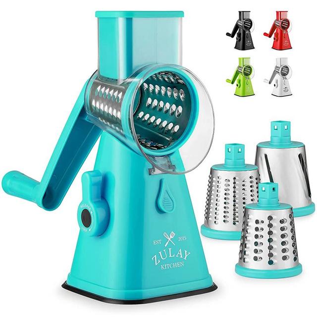 Zulay Kitchen Manual Rotary Cheese Grater with Handle - Round Cheese Shredder Grater with 3 Interchangeable Stainless Steel Blades - Easy To Use Fruit, Nut, and Vegetable Grater (Light Blue)