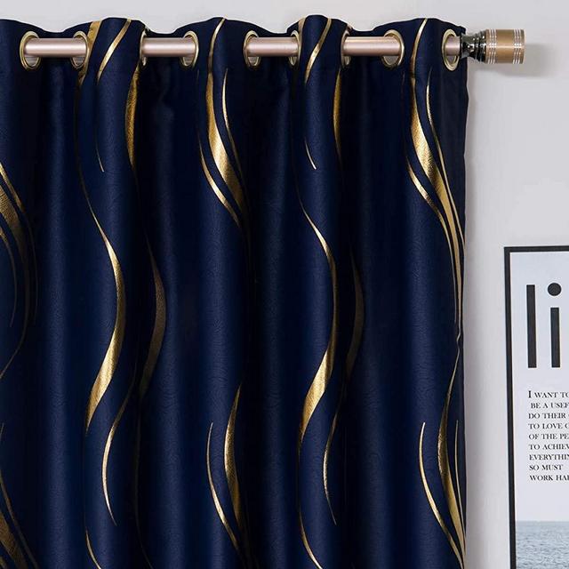 1 Pair Blackout Curtains for Bedroom, Luxury Striped Curtains for Living Room (Navy and Gold, 2 x 54 x 84 Inch)